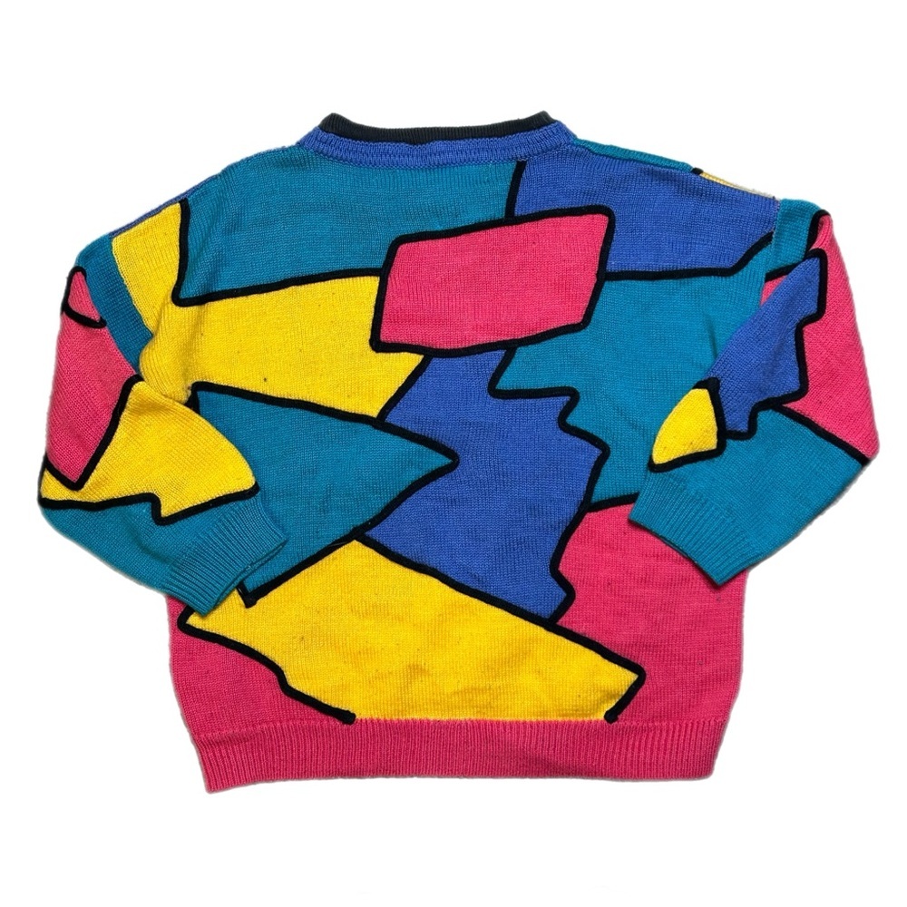 Vintage Colorblock Abstract Pattern Crewneck Sweater - Pink/Yellow/Blue - Picture 4 of 4